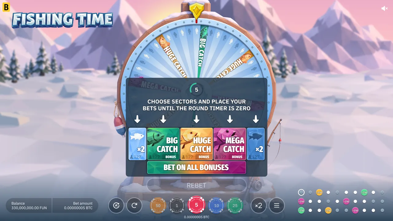 Fishing Time gameplay screen with Big, Huge and Mega Catch betting cards and chips