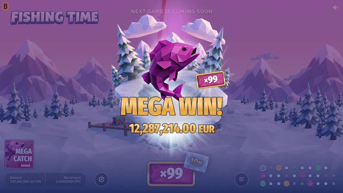 Fishing Time Mega Win screen showing a large multiplier payout